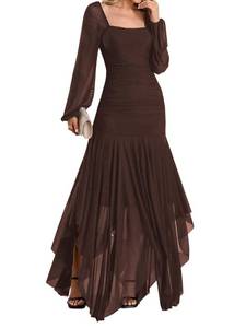 lot 45276 image: URYIAO Womens Formal Long Sleeve Maxi Dress Asymmetrical Hem Square Neck Mesh Wedding Guest Cocktail Dresses S Brown - Retail $63