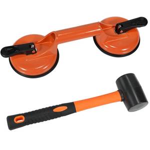 lot 45278 image: Floor Gap Fixer Tool for Laminate Floor Gap Repair Plank Grabber Includes Heavy Duty Aluminum Suction Cup and Fiberglass Handle Rubber Mallet (Cant Use on Scraped Surface Floor) - Retail $20