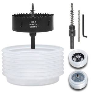 lot 45281 image: VIKITON 4-18 Hole Saw for Recessed Lights, 4.1 Inch Hole Cutter with Dust Bowl Catcher for Led Recessed Lighting 4 Inch and Wood Metal Drywall, Bi-Metal Construction, Black - Retail $16