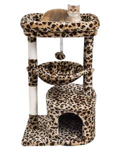 lot 61801 image: SYANDLVY Small Leopard Print Cat Tree for Indoor Cats, Cat Tower with Scratching Post, Modern Cat House with Padded Perch, Kittens Condo with Cradle, Cat Cave - Retail $45