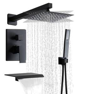 lot 61803 image: RTTWYYUU Matte Black Shower Faucet Set with Tub Spout 10 Inch, Shower Head and Handle with 2 Hooks, Tub and Shower Faucet Combo, Rain Shower and Handheld Shower System Square Wall Mount for Bathroom - Retail $97
