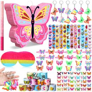 lot 61807 image: Pasimy 51 Pcs Butterfly Pinata Set Butterfly Birthday Party Supplies Pinata with Stick Blindfold Sticker Hairpin Ring Slap Bracelet Keychain Party Favors for Family Game Decoration(Pink) - Retail $35