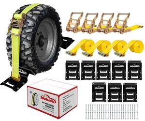 lot 61809 image: Wheel Chock Tie Down Kit (4,500lb Break Strength) Heavy Duty Trailer Tire Straps System for ATV, UTV, Lawn Mower & More - Ratchet Tie Downs Accessories with E Track for Four Wheeler - Retail $80