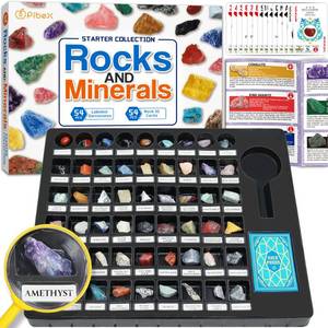 lot 62023 image: PIBEX Rock Collection Starter Kit - 54 Pcs Assorted Gemstones, Crystals, Rocks & Minerals, with Learning Book & ID Cards, Earth Science Kit Toy, A Geology Gift for Kids & Adults Ages 8 - Retail $33