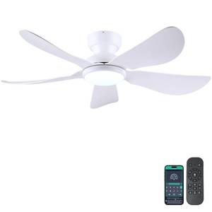 lot 62026 image: Kviflon 46 Inch Modern Ceiling Fans with Lights, Flush Mount Ceiling Fan with Light and RemoteAPP Control, 5 Reversible 6 Speeds Curved Blades, 3 CCT Dimmable Lights for Bedroom, White - Retail $60
