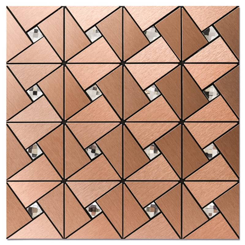 lot 49072 image: Art3d 10-Sheet Peel and Stick Backsplash Metal Mosaic Tiles for Kitchen Wall Decor, Stick on Aluminum Composite Tiles Stikers, Copper Windmill Puzzle Glass Mixed - Retail $35