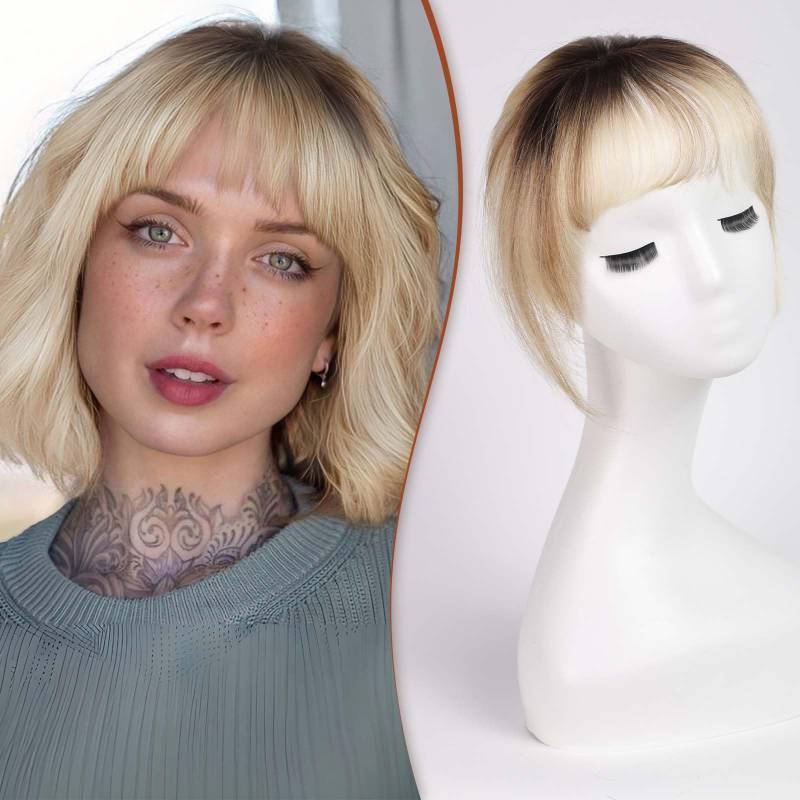 lot 32054 image: HAIRCUBE Bangs Clip in 100% Human Hair Bangs Hair Extensions - Full Fringe with Temples (Ombre T2-#6#613) - Retail $33