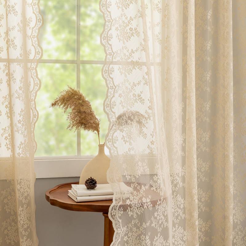 lot 32330 image: YJ YANJUN Vintage Lace Curtains 72 Inches Long-Victorian Flower Beige Voile Sheer Curtains for Dining Room Bathroom Bay Window Privacy Boho French Country Farmhouse Room Decor 2 Panels 52x72 - Retail $27