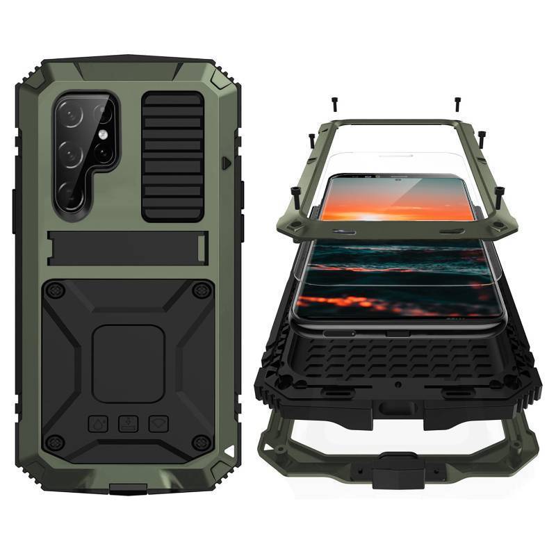 lot 32362 image: Simicoo Compatible with Samsung S23 Ultra Metal Military Case with Stand Screen Protector Camera Protection Rugged Heavy Duty Shockproof Full Body Cover Tough Dustproof for Men (Green) - Retail $24