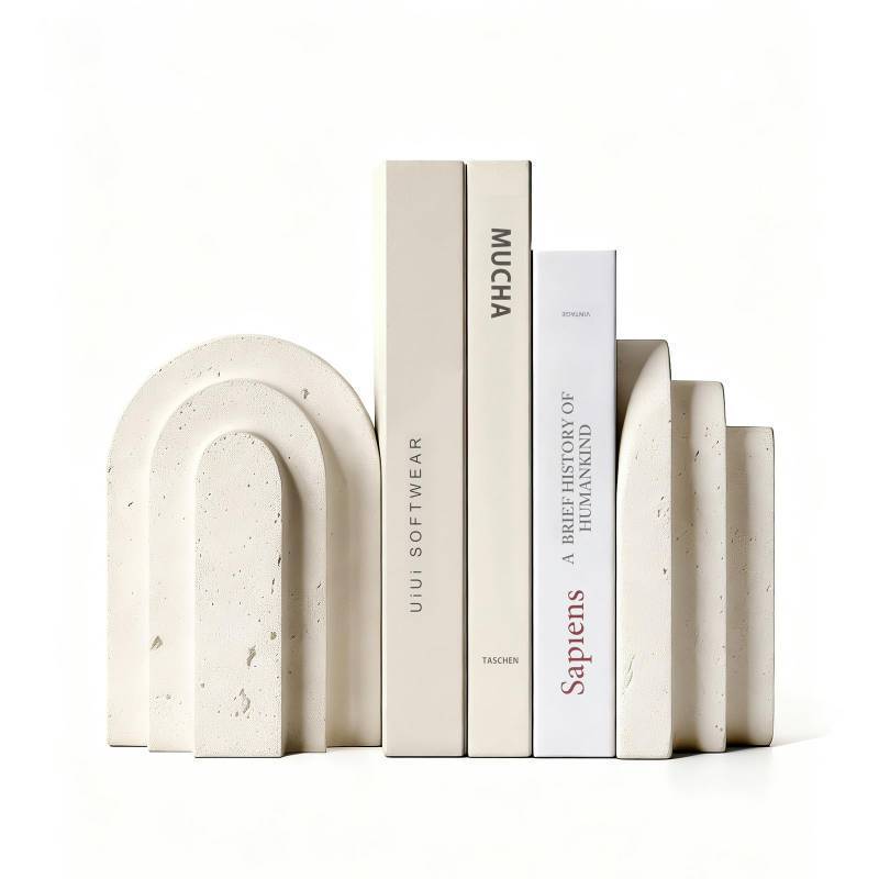 lot 44136 image: Havmorph Book Ends for Heavy Books, Beige Modern Pleasing Layered Arch Design Aesthetic Bookend Decorative, Concrete Book Ends to Hold Books Heavy Duty for Bookshelf Decor, Home Decor, Office Decor 1 peice - Retail $36