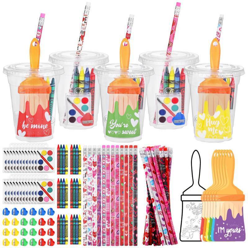 lot 48986 image: Fovths 24 Sets Valentines Day Gifts, Valentines Cards Mini Watercolor Paint Set with Crayons Pencils Plastic Cups Fun DIY Crafts Valentine Exchange Party Favors for School Classroom