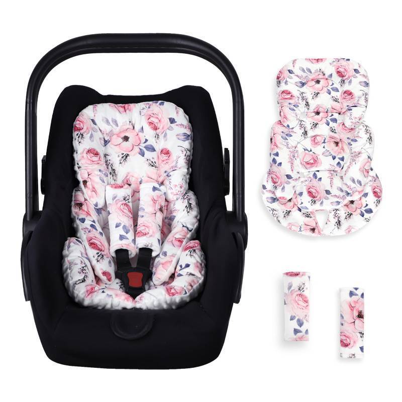 lot 48989 image: SWESEN Infant Car Seat Insert with 3 Strap Covers Set, Reversible Newborn Baby Car Seat Head Body Support for Girl, Soft 3 in 1 Baby Car Seat Cushion for Strollers, Bouncers, Swing, Pink Floral