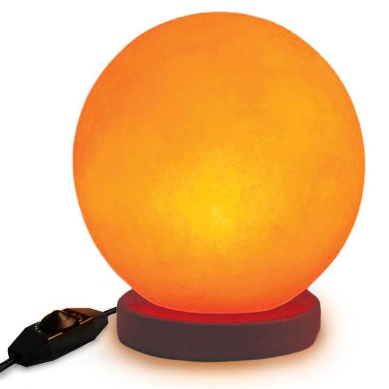 lot 49827 image: ZKTRADING Himalayan Salt Lamp Globe 5-Inch Hand-Carved Crystal Rock Sphere Moon with Wooden Base & UL-Listed Dimmer Cord Warm Ambient Light for Bedroom, Office, Home Decor, Gift Ready cord case is damaged but it works - Retail $32