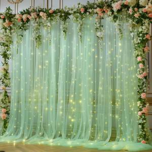 lot 22297 image: 10x10ft Olive Green Tulle Backdrop Curtain with Lights String for Parites, Sheer Photo Backdrop Curtains for Wedding Baby Shower Birthday Party St. Patricks Day Photo Shoot Background Decorations - Retail $27