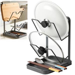 lot 22307 image: Kitchen Pot Lid Storage Rack, Double-Layer Pot Lid Organizer with Removable Drip Tray,Pot Lid Holder While Cooking,Space-Saving kitchen Countertop Organizer Storage for Pots Pans & Cutting Boards - Retail $17