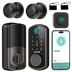 lot 22309 image: Smart Front Door Lock Set Hornbill WiFi Keyless Entry Door Lock Deadbolt with Handle Set with 2 Knobs Alexa Bluetooth Remote Code for Home Oil Rubbed Bronze