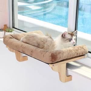 lot 22311 image: Zakkart Cat Perch for Window Sill with Bolster - Orthopedic Hammock Design with Premium Hardwood & Robust Metal Frame - Cat Window Seat for Large Cats - Natural Color Wood Brown Bed, 26.4W - Retail $33