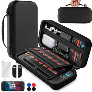 lot 22313 image: Large Capacity Carry Case for Nintendo Switch 2, Hard Shell Travel Case for Switch 2 with 1 Screen Protector with Alignment Frame, 2 Silicone Joypads Cover, 4 Thumb Grip Caps, 1 Cleaning Wipe - Retail $13