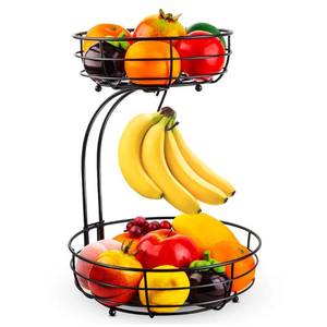 lot 22318 image: Auledio Iron 2-Tier Countertop Fruit Vegetables Basket Bowl Storage With Banana Hanger, Black, 64 ounces - Retail $20