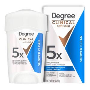 lot 22336 image: Degree Clinical Strength Antiperspirant Deodorant 96-Hour Sweat and Odor Protection Shower Clean Soft Solid 5x Types of Sweat 1.7 oz - Retail $9