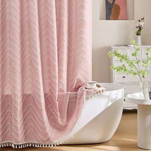 lot 31809 image: Siiluminisoy Pink Boho Shower Curtain White Tassel Woven Fabric Cute Shower Curtain 60 x 72 Modern Farmhouse Textured Tufted Chevron Striped Minimalist for Bathroom - Retail $23