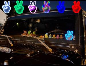 lot 31817 image: Dukesby Enterprises NEW American Family Owned Patented Rgb Remote color changing Peace-Sign Wave LED Light for Cars, Wranglers, Jeep- Wind Sheild Led Jeep Decal Sticker - Usb-Operated, 6ft Cord, - Retail $25