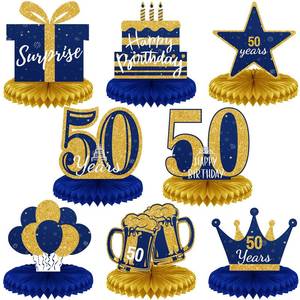 lot 31870 image: Spakon  Blue Gold 50th Birthday Table Decorations 50th Birthday Honeycomb Centerpieces Glitter Table Toppers Blue and Gold Party Decorations for Men and Women Party Supplies - Retail $9
