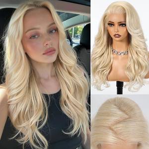 lot 45295 image: HAIRCUBE 13x6 HD Synthetic Lace Front Wig, 24 Inch Platinum Blonde Long Curly Layered Wigs, Natural Density Hairline Glueless Wigs for Women Daily Use - Retail $63