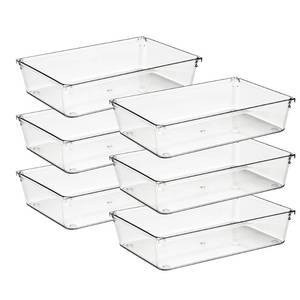 lot 45298 image: Ravinte 6 Pack Drawer Organizer - 6 X 9 Plastic Storage Bins, Acrylic Organizers with Non-Slip Pads Clear Desk Storage Tray for Makeup, Jewelries, Kitchen Utensils, Bathroom and Office - Retail $18