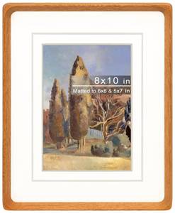 lot 45299 image: Gdfmsc 8x10 Picture Frame with Mat for 5x76x8, Natural Teak Wood Handcrafted Rounded Corner with Real Glass, Vertical or Horizontal Display Photo Gallery Wall & Tabletop Frame - Retail $28