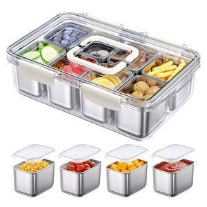 lot 45300 image: Snackle Box Container, 304 Stainless Steel Divided Serving Tray with Lid and Handle, Portable 8 Compartments Veggie Tray for Fruits,Veggies,Nuts &Candy, Dishwasher Safe for Travel,Picnic,Beach&Parties - Retail $42