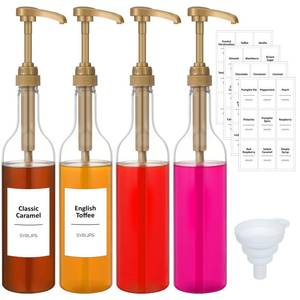 lot 45307 image: Bokon Coffee Syrup Dispenser 25.4 oz 750 ml Drinking Syrup Pump Bottles with Comprehensive Label Set and Funnel for Coffee Bar Accessories Essentials(Gold,4 Pcs) - Retail $30