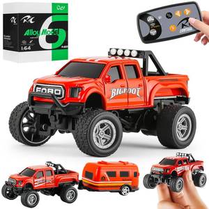 lot 45311 image: WOHEIHEI Power Monster Truck with Camping Trailer, 164 Scale Die-Cast Alloy, Remote Control Car with LED Lights, 2.4GHz, 3-Speed, for Kids 4-8 Years (Red) - Retail $20