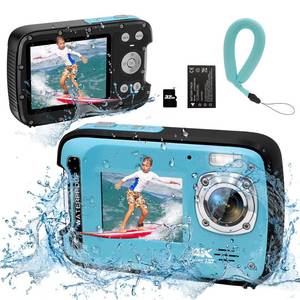 lot 45313 image: YEEIN Underwater Camera 4K 48MP Autofocus Selfie Dual Screen Waterproof Camera with Floating Strap and 32GB Card, 17FT Compact Waterproof Digital Camera, Fill Light Underwater Camera for Snorkeling - Retail $64