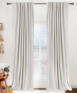 lot 45326 image: 100% Blackout Shield Linen Blackout Curtains for Bedroom 84 Inches Long, Back TabRod Pocket Living Room Drapes, Thermal Insulated Blackout Curtains 2 Panels Set, 50 W x 84 L, Beige - Retail $39