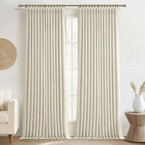 lot 45328 image: Blackout Thick Linen Double Layer Floor Length Curtains 105 Inches Long for Kids Room, Memory Trained Pinch Pleated Insulated Noise Blocking Ivory Modern Window Curtain & Drapes Panels of 2 Viral Burg - Retail $95