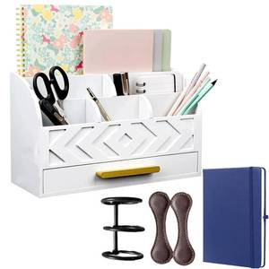lot 45336 image: SPEXAM White Wooden Mail Organizer with Drawer Kitchen Mail Organizer Countertop, Farmhouse Mail Sorter & Bill Holder  Multi-Compartment Desk Organizer for Home Office, Notebooks & Office Supplies