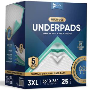 lot 62030 image: 25 Pack Disposable Bed Pads 36 X 36 Inches, Super Absorbent Extra Large Incontinence Underpads, 125 Gram Heavy Duty Ultra Absorbency Medical Chux, Baby Changing Pad, Dog Puppy Pet Training Pee Pad - Retail $24