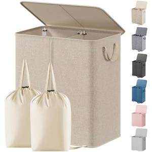 lot 62034 image: Lifewit Double Laundry Hamper with Lid and Removable Laundry Bags, Large Collapsible 2 Dividers Dirty Clothes Basket with Handles for Bedroom Laundry Room Closet Bathroom College, 155L Beige - Retail $42