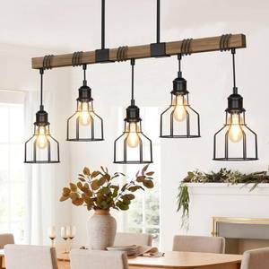 lot 62041 image: 5-Light Dining Room Light Fixture, 63 Adjustable Height Pendant Lights Kitchen Island Black Metal & Rustic Wood Modern Linear Ceiling Chandeliers Over Table with E26 Base for Farmhouse Bar - Retail $160