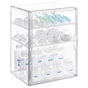 lot 62044 image: ERTIUANIO Baby Bottle Organizer 3 Tier Bottle Storage Organizer Baby for Nipples, Pump Parts, Food Jars Clear Acrylic Bottle Station Organizer for Countertop and Kitchen, Gifts for New Mom - Retail $30