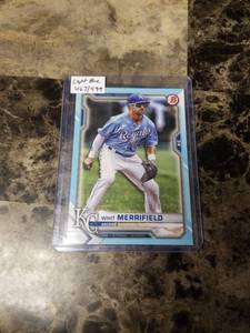 lot 613 image: 2021 Topps Bowman Chrome Whit Merrifield Kansas City Royals Baseball Card Light Blue 467499