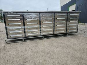 lot 9518 image: Unused 10 Ft Stainless Steel Tool Cabinet  Workstation  30 Drawer