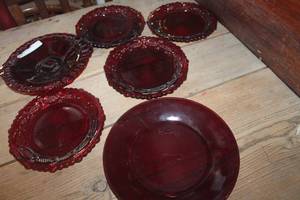 lot 4792 image: Vintage Red Glass Plates Anchor Hocking, Avon & More