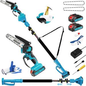 lot 161443 image: Retails for $140 2-in-1 6 In Mini Chainsaw & Electric Pole Saw, Electric Pole Saws for Tree Trimming, 21V Cordless Battery Chainsaw Powered with 2 Batteries, Lightweight Tree Trimming Tool for Small Branches