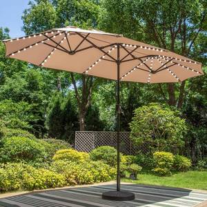 lot 161451 image: Retails for $150 PHI VILLA 13ft Patio Umbrella with Solar-Powered 120 PCS LED Color-Changing Lights, Triple-Head Large Rectangle Umbrella Outdoor Patio for Table with Crank Lift,Beige(No Base)
