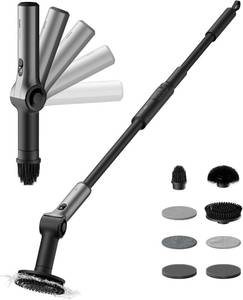 lot 161454 image: HOTO Flexi  Cordless Electric Spin Scrubber, Adjustable Angle, Extendable Handle, Smart Display, IPX7 Waterproof, Powerful Cleaning Scrubber with 8 Replaceable Brush Heads, for Bathtub, Bathroom, Tile