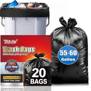 lot 161455 image: Teivio 55-60 Gallon Black Trash Bags  20 Bags Extra Large Multi-Use Commercial Garbage Bags  Lawn And Leaf Bags  Outdoor Yard Waste Bag  Workshops Trash Bin Liner