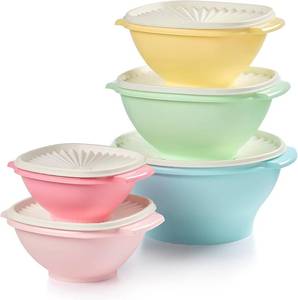 lot 161478 image: Tupperware Heritage Collection, 10 Piece Food Storage Container Set in Vintage Colors, Dishwasher Safe and BPA Free (5 Bowls, 5 Lids)