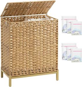 lot 261491 image: SETVSON Laundry Hamper with Lid, 112 L Handwoven Rattan Wicker Laundry Basket, 2 Removable Liner Bags Metal Heightened Feet, 6 Mesh Bags, 2 Section Large Clothes Hamper for Bathroom Bedroom, Natural